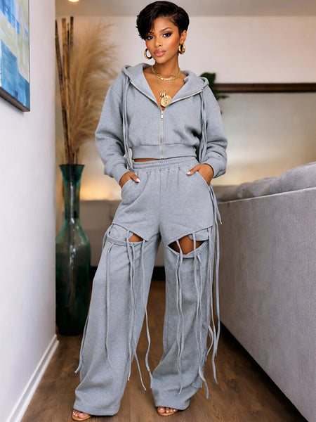 Zip-Front Hoodie & Wide-Leg Cutout Pants Set