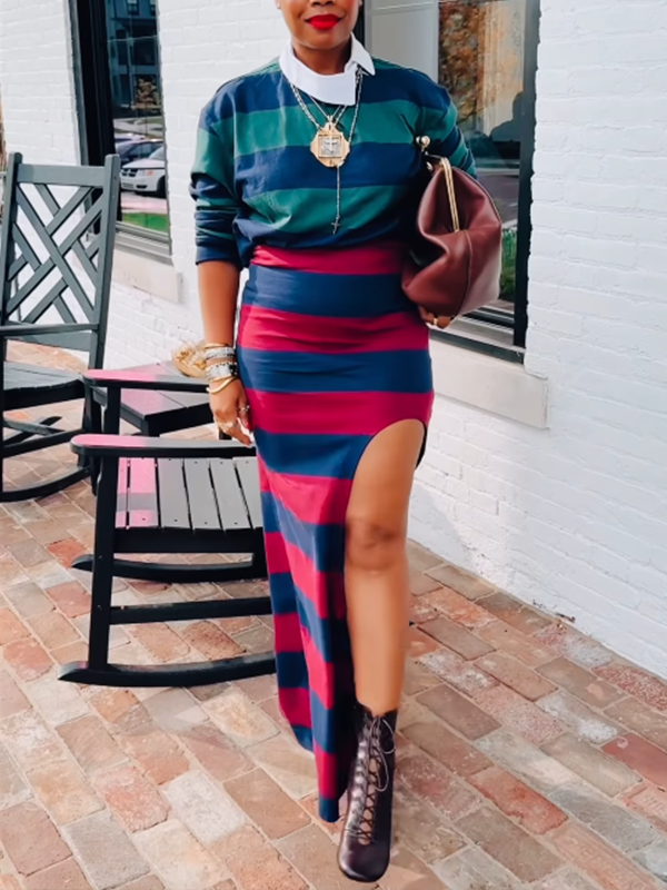 Stripe Polo Top &amp; Slit Skirt Set