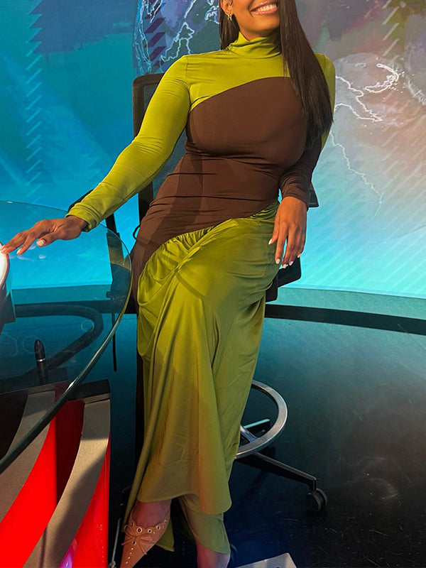 Two-Tone Ruched Maxi Dress