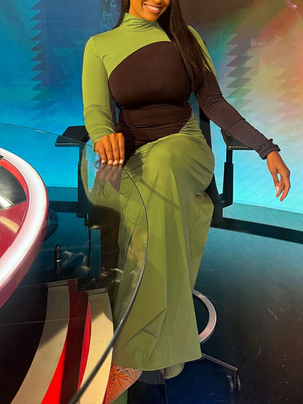 Two-Tone Ruched Maxi Dress