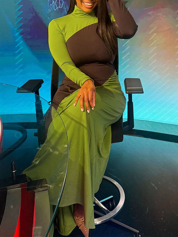 Two-Tone Ruched Maxi Dress