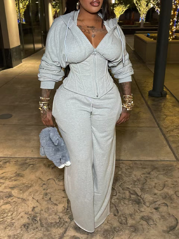 Solid Lace-Up Hoodie &amp; Pants Set