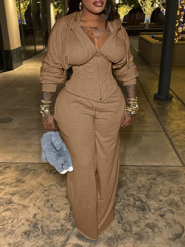 Solid Lace-Up Hoodie & Pants Set