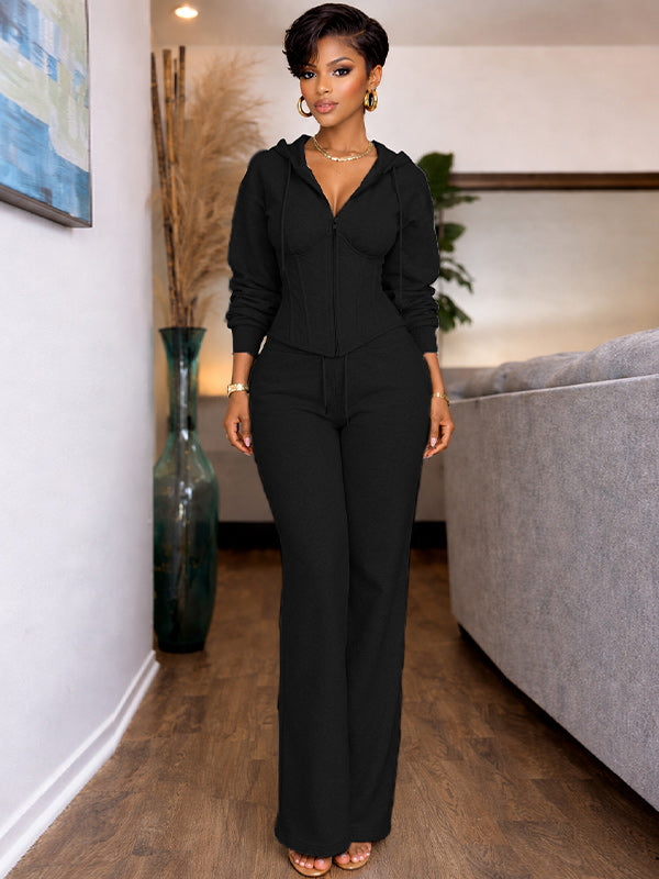 Solid Lace-Up Hoodie & Pants Set