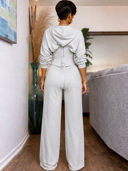 Solid Lace-Up Hoodie & Pants Set