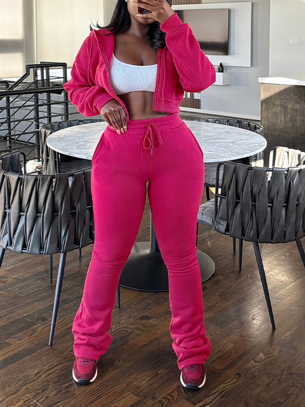 Solid Zip-Front Hoodie & Pants Set