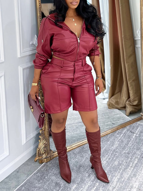 Faux-Leather Hoodie &amp; Shorts Set