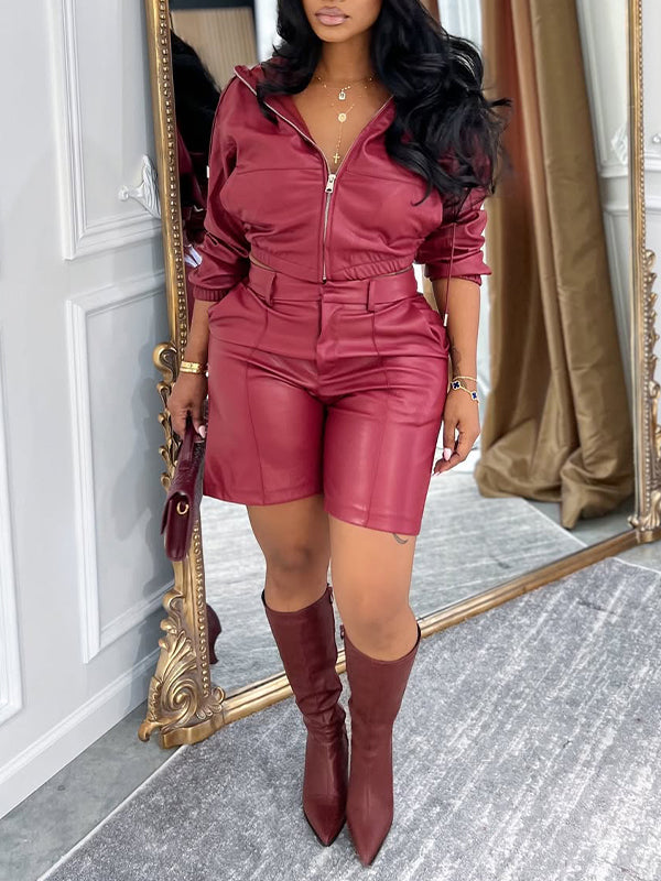 Faux-Leather Hoodie & Shorts Set