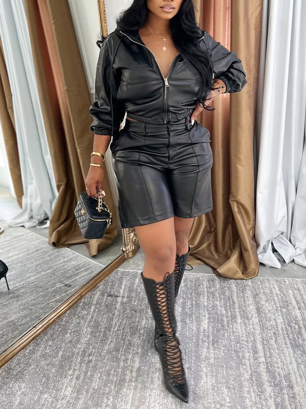 Faux-Leather Hoodie & Shorts Set