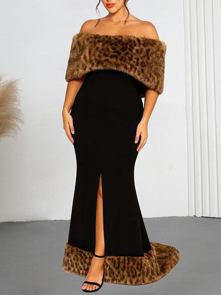 Faux-Fur Combo Off-Shoulder Maxi Dress