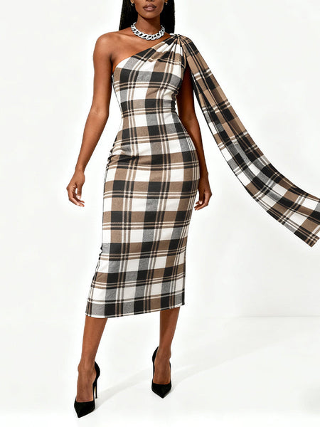 Plaid One-Shoulder Dress