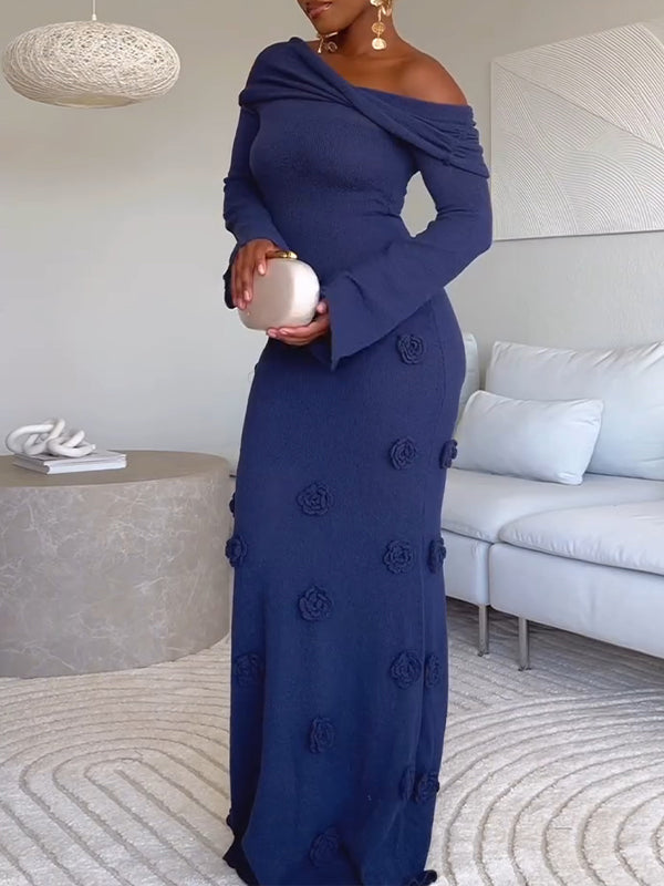 Solid Floral Off-Shoulder Dress