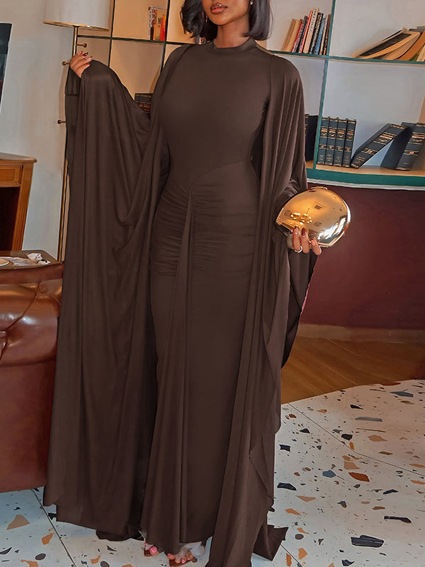 Solid Ruched Dress & Kimono Set