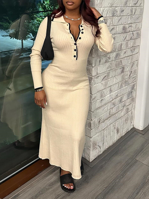 Button-Front Ribbed Polo Dress
