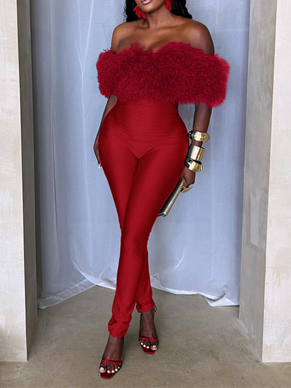 Faux-Fur Combo Off-Shoulder Jumpsuit