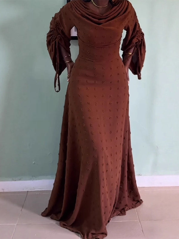 Cowl-Neck Ruched-Sleeve Maxi Dress