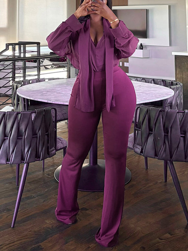 Solid Tied-Neck Shirt &amp; Pants Set