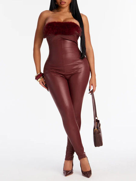 Faux-Fur Combo Faux-Leather Jumpsuit