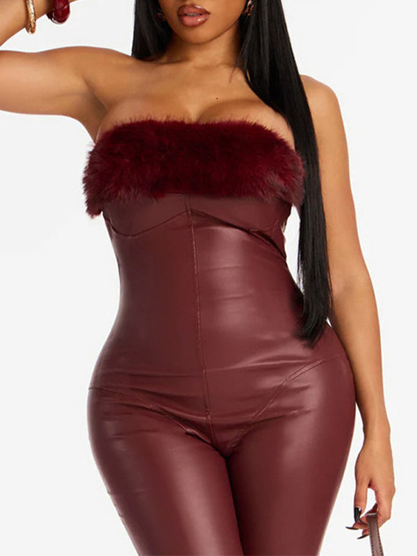 Faux-Fur Combo Faux-Leather Jumpsuit