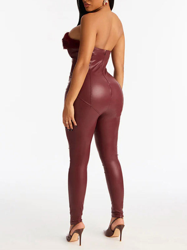Faux-Fur Combo Faux-Leather Jumpsuit