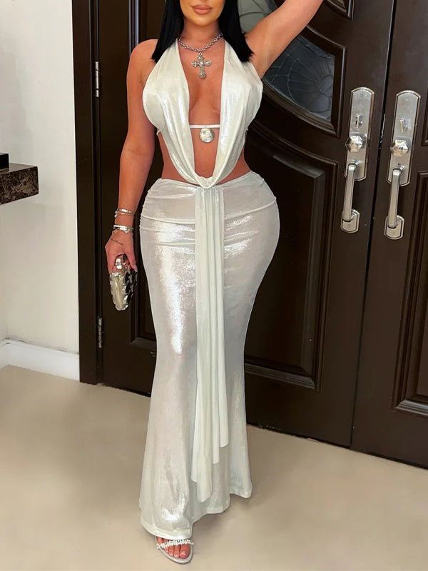 Metallic Halter Top &amp; Skirt Set