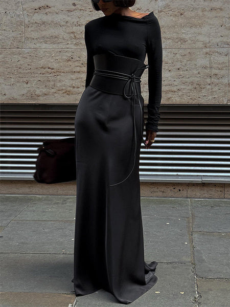 Faux-Leather Belted Satin Combo Maxi Dress