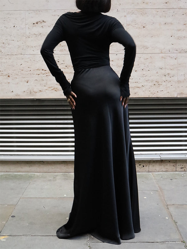 Faux-Leather Belted Satin Combo Maxi Dress