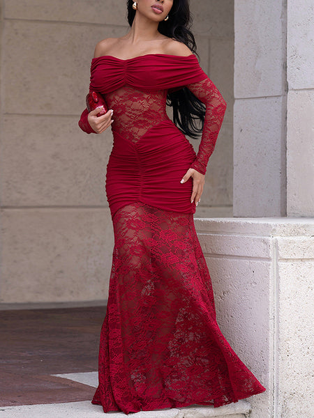 Lace-Combo Ruched Maxi Dress