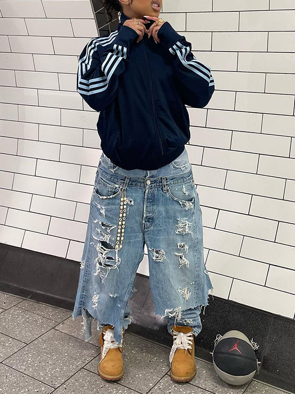 Double-Waist Ripped Jeans