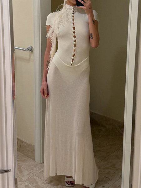 Pear-Button Sheer-Combo Dress