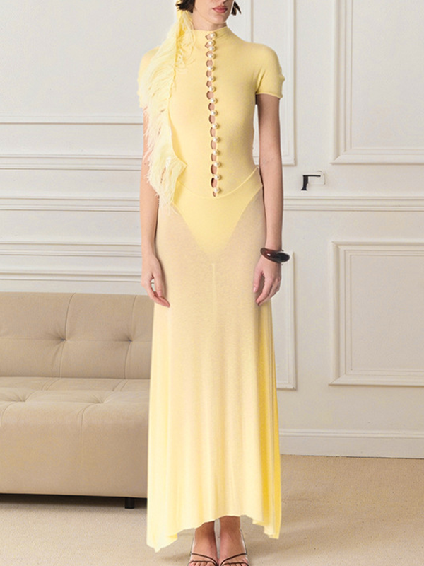 Pear-Button Sheer-Combo Dress