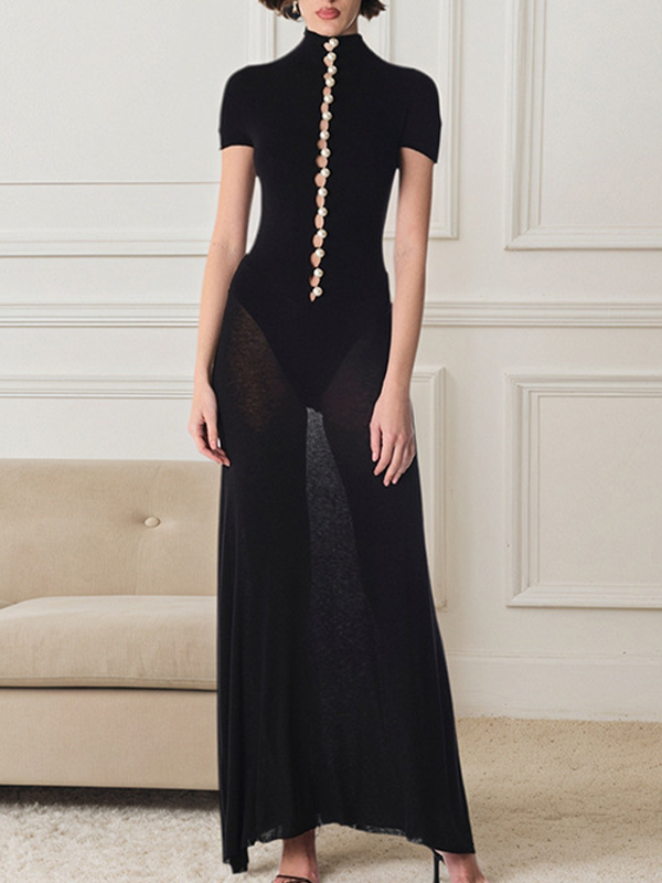 Pear-Button Sheer-Combo Dress