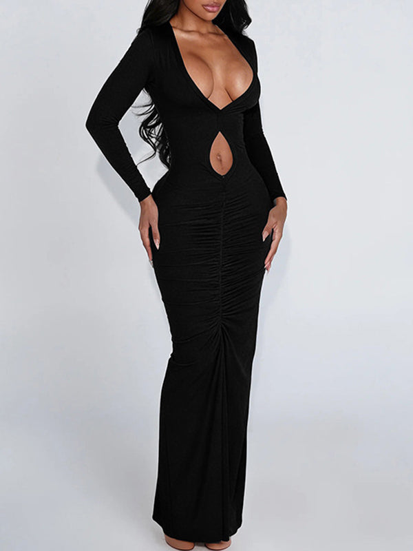 V-Neck Cutout Ruched Dress