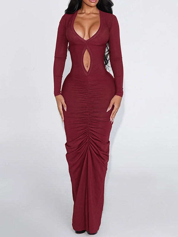 V-Neck Cutout Ruched Dress