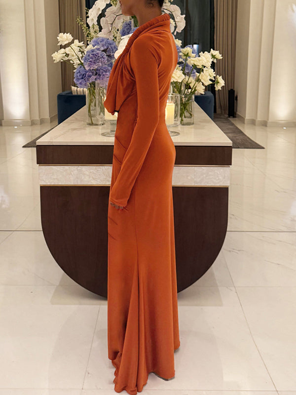 Cowl-Neck Ruched Maxi Dress