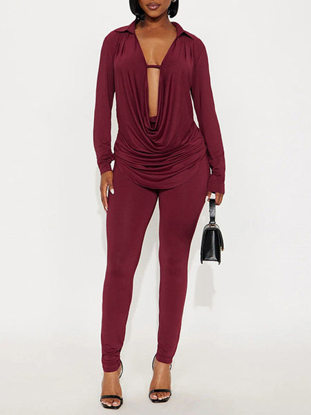 Solid Cowl-Neck Top & Pants Set