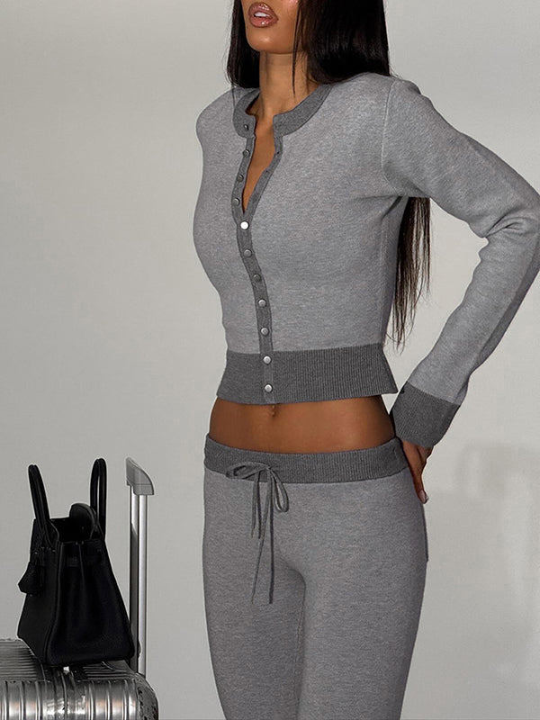Two-Tone Button-Front Top & Pants Set