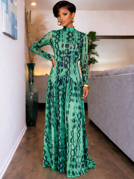 Printed Mock-Neck Maxi Dress