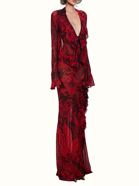 Printed Ruffle Maxi Dress