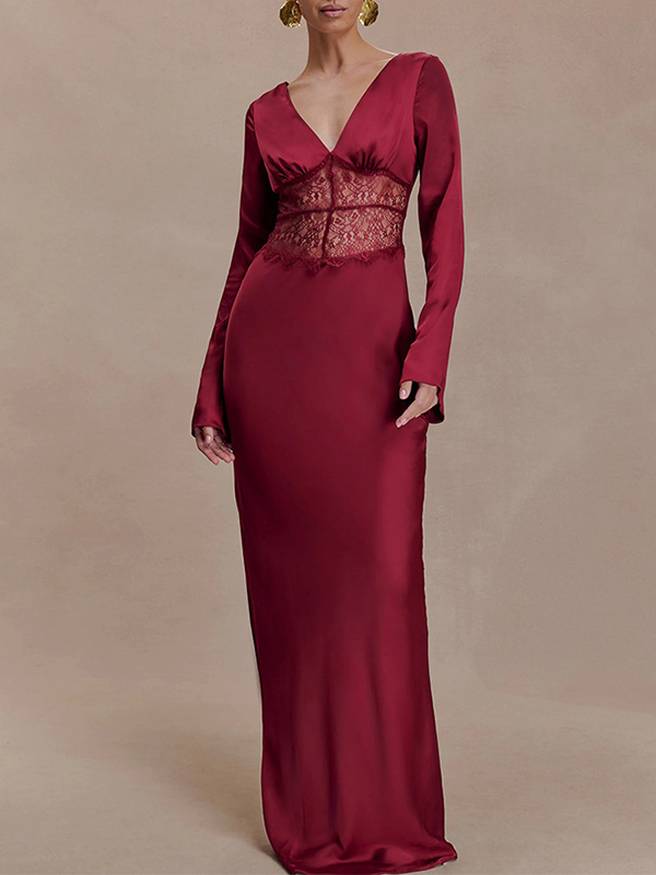 Lace-Combo V-Neck Maxi Dress