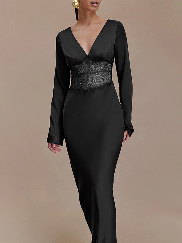 Lace-Combo V-Neck Maxi Dress