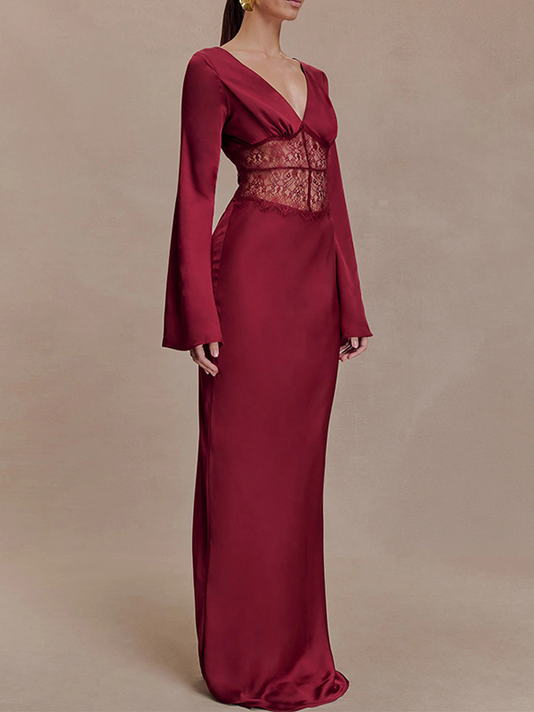 Lace-Combo V-Neck Maxi Dress