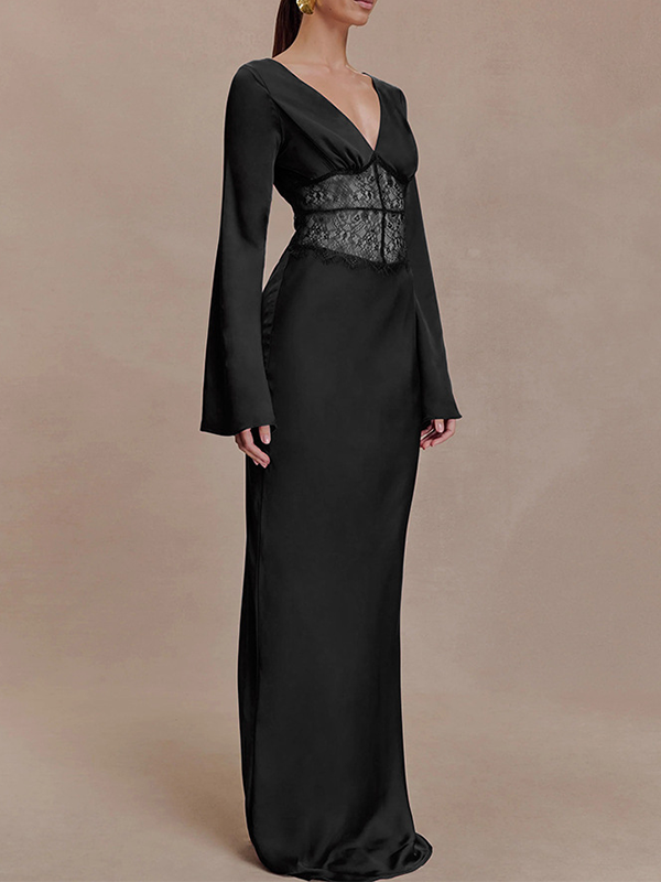 Lace-Combo V-Neck Maxi Dress