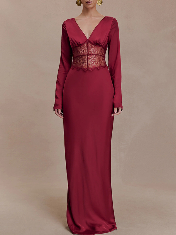 Lace-Combo V-Neck Maxi Dress