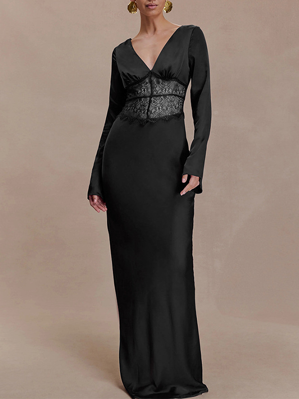 Lace-Combo V-Neck Maxi Dress