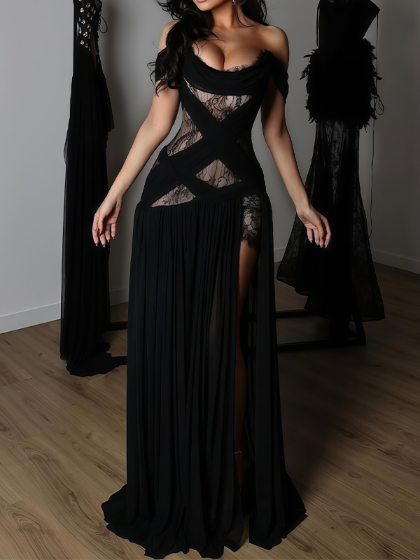 Lace-Combo Slit Maxi Dress