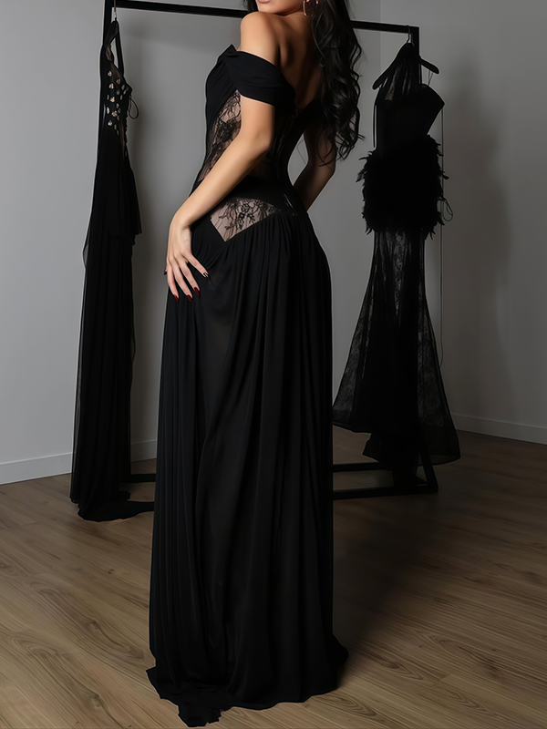 Lace-Combo Slit Maxi Dress