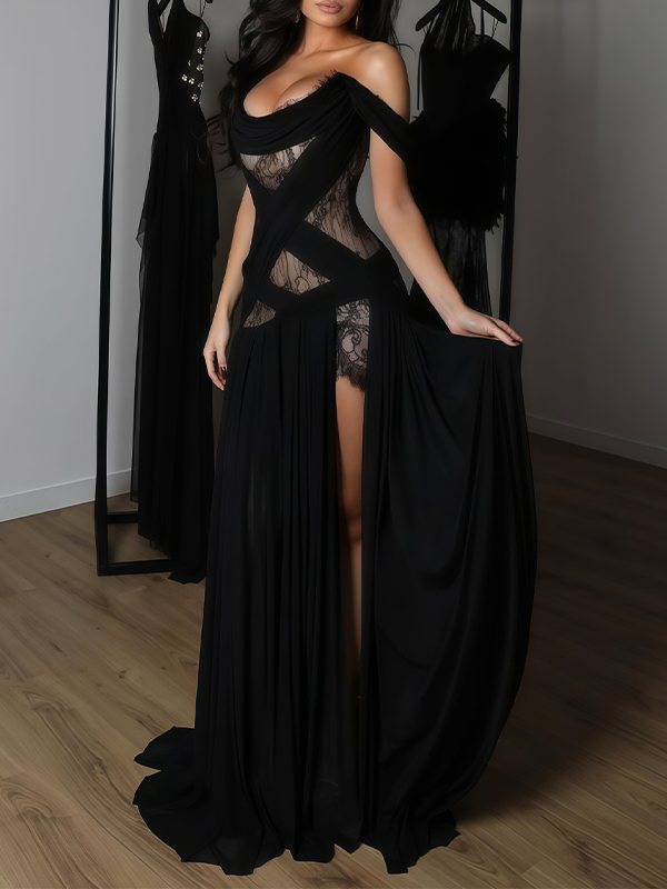 Lace-Combo Slit Maxi Dress