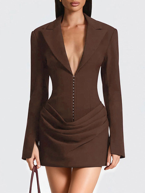 V-Neck Ruched Blazer Dress
