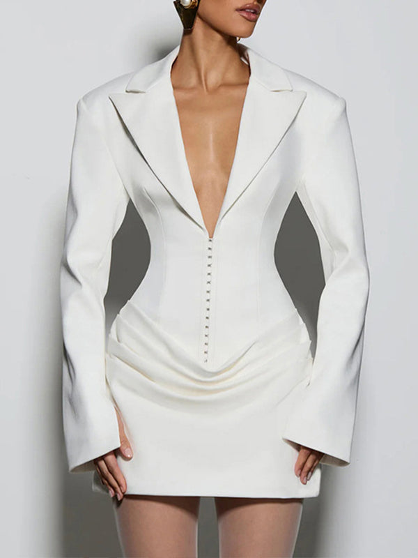 V-Neck Ruched Blazer Dress